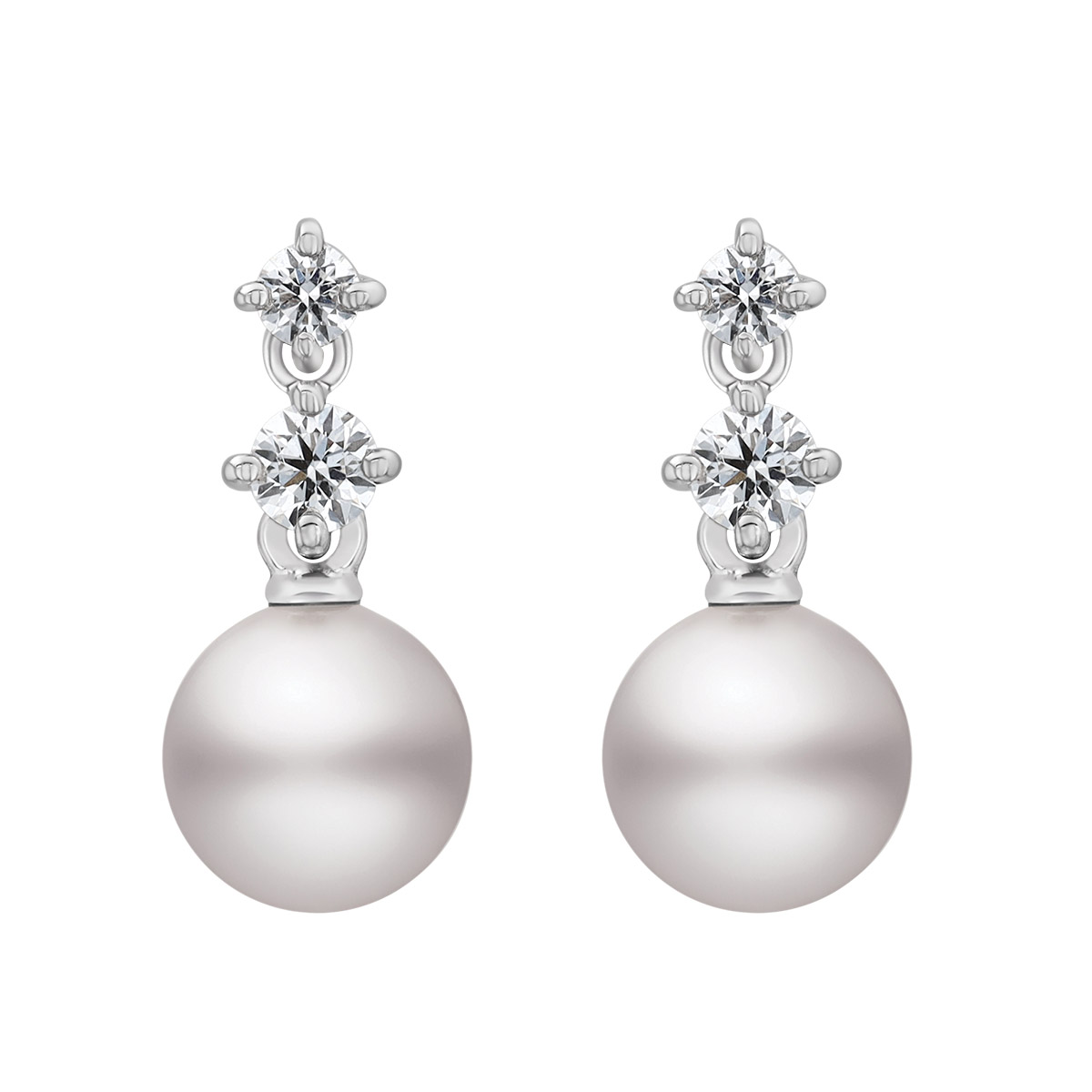 Mikimoto Akoya Cultured Pearl & Double Diamond Dangle Earrings in White Gold