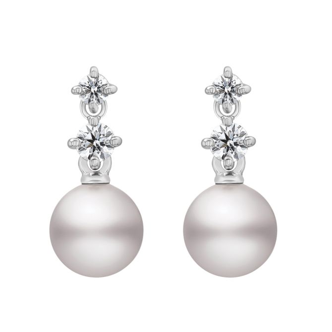 Mikimoto Akoya Cultured Pearl & Double Diamond Dangle Earrings in White Gold