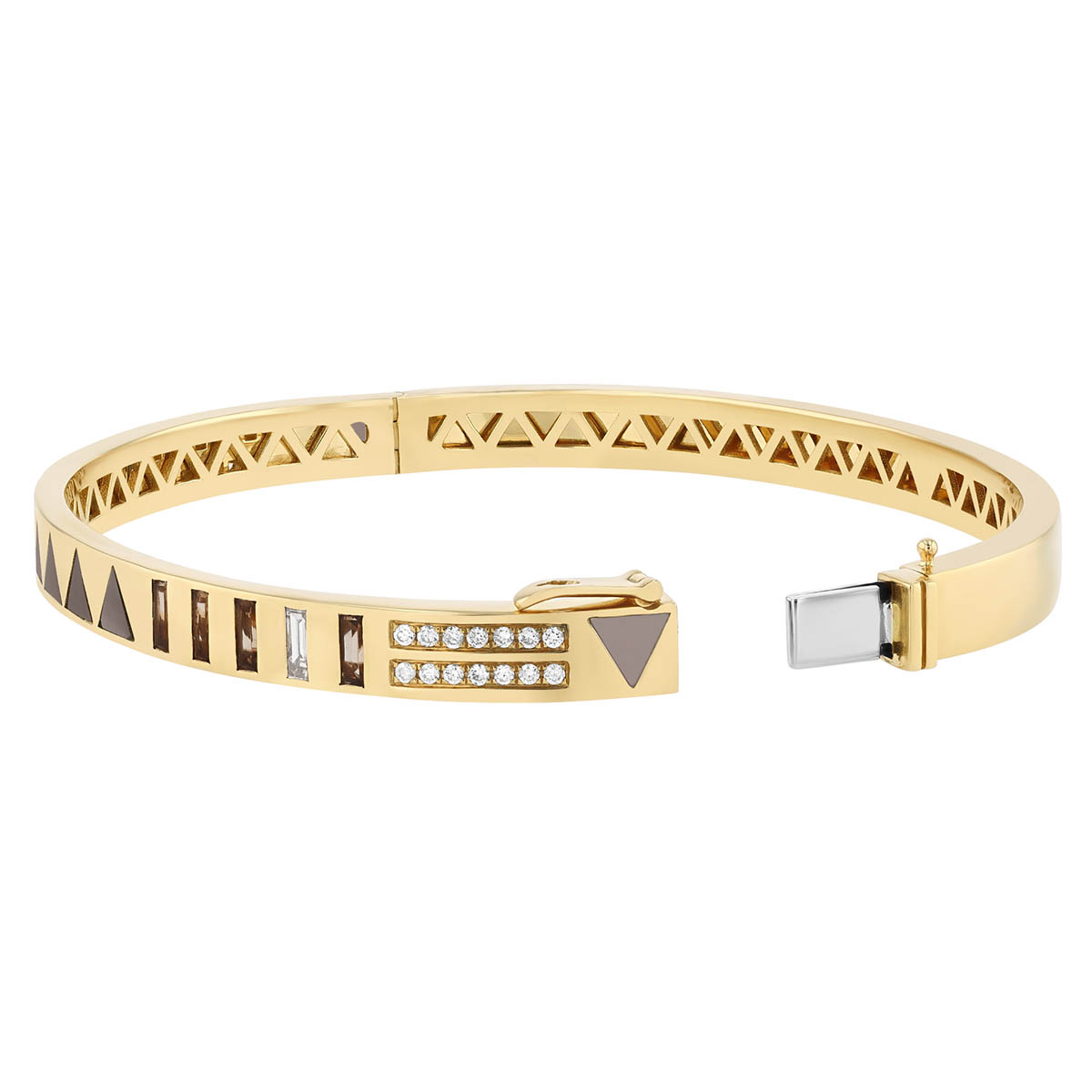 Harwell Godfrey Juju Mother of Pearl & Quartz Triangle Inlay Bangle in Yellow Gold