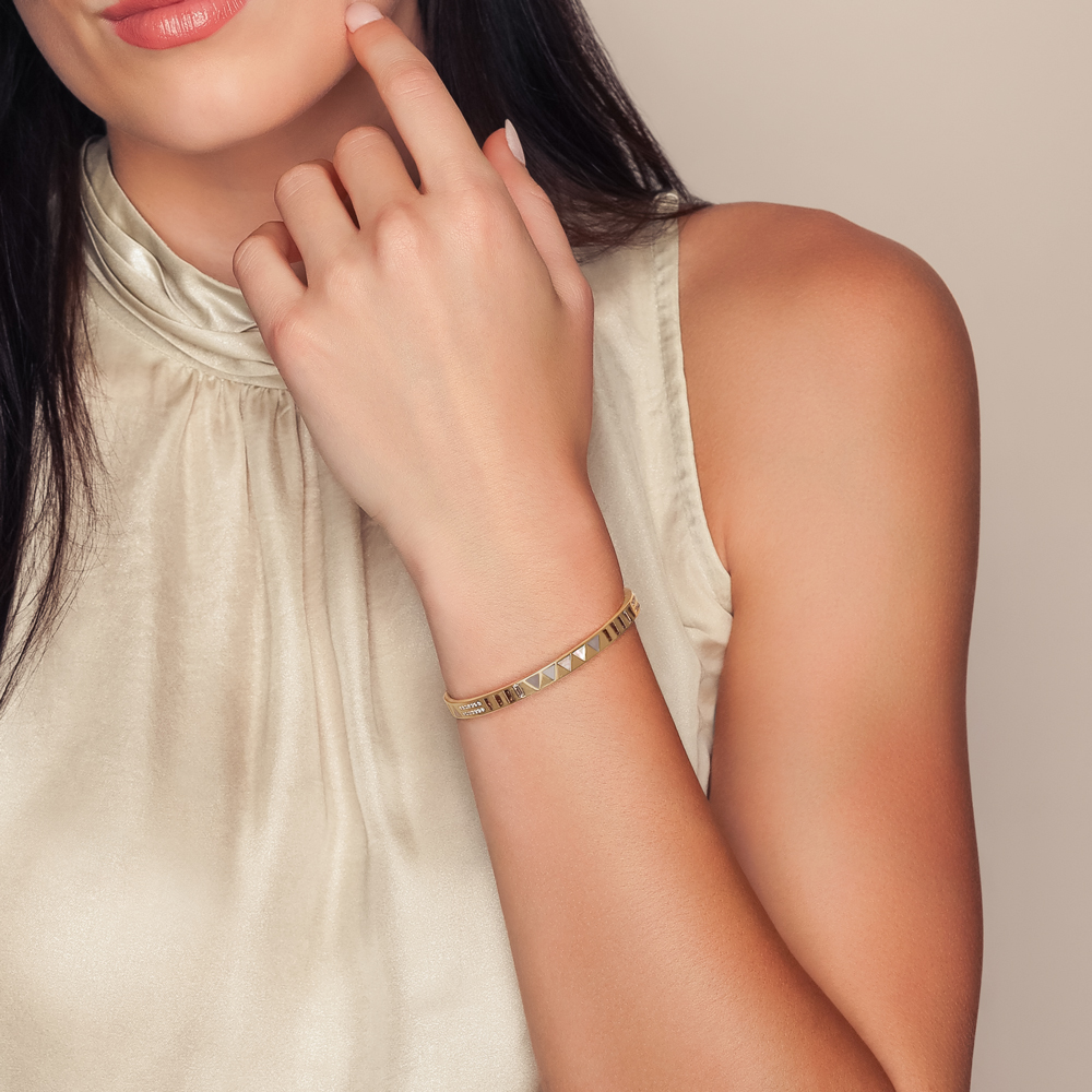 Harwell Godfrey Juju Mother of Pearl & Quartz Triangle Inlay Bangle in Yellow Gold