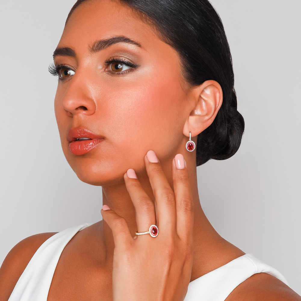 Omi Prive Oval Ruby & Diamond Halo Drop Earrings in Yellow Gold