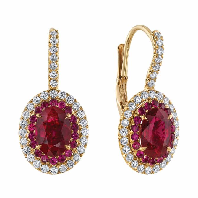 Omi Prive Oval Ruby & Diamond Halo Drop Earrings in Yellow Gold