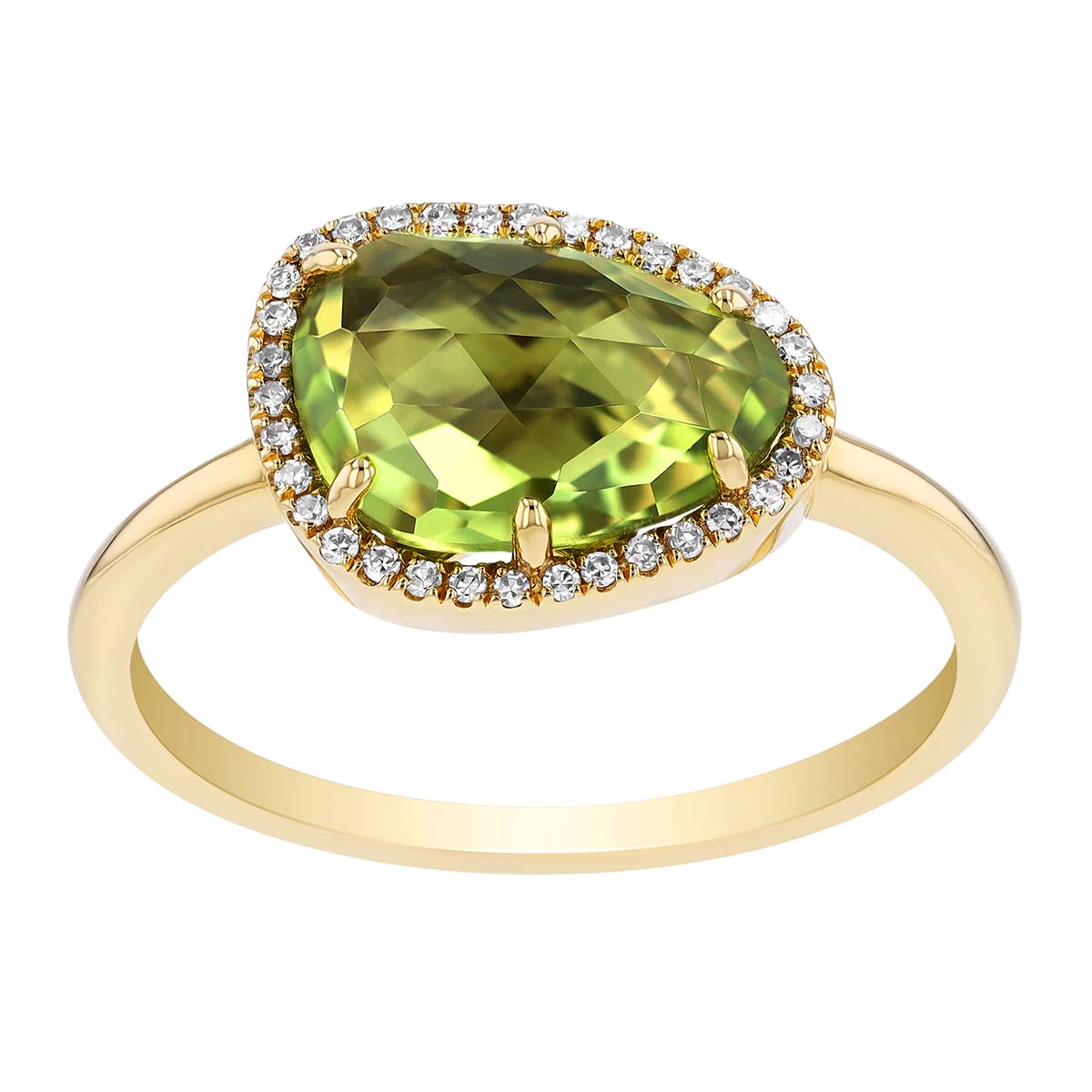 Freeform Peridot & Diamond Halo Ring in Yellow Gold