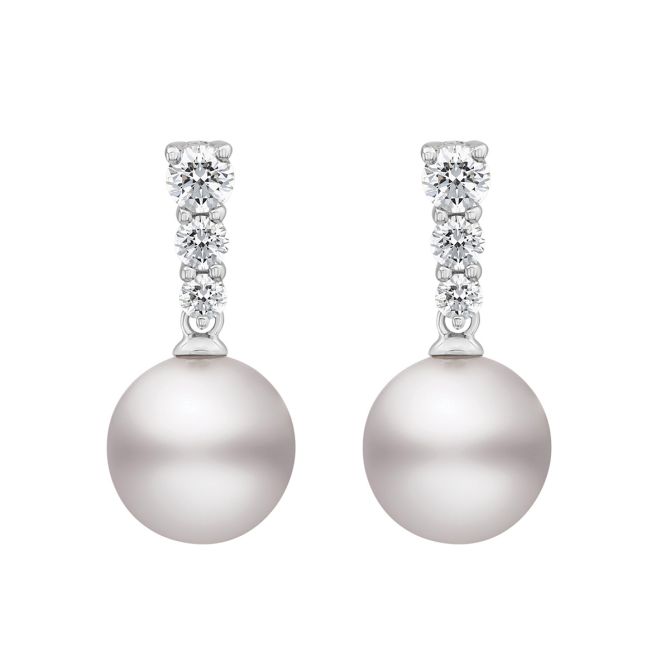 Mikimoto Morning Dew Akoya Cultured Pearl & Diamond Trio Drop Earrings in White Gold