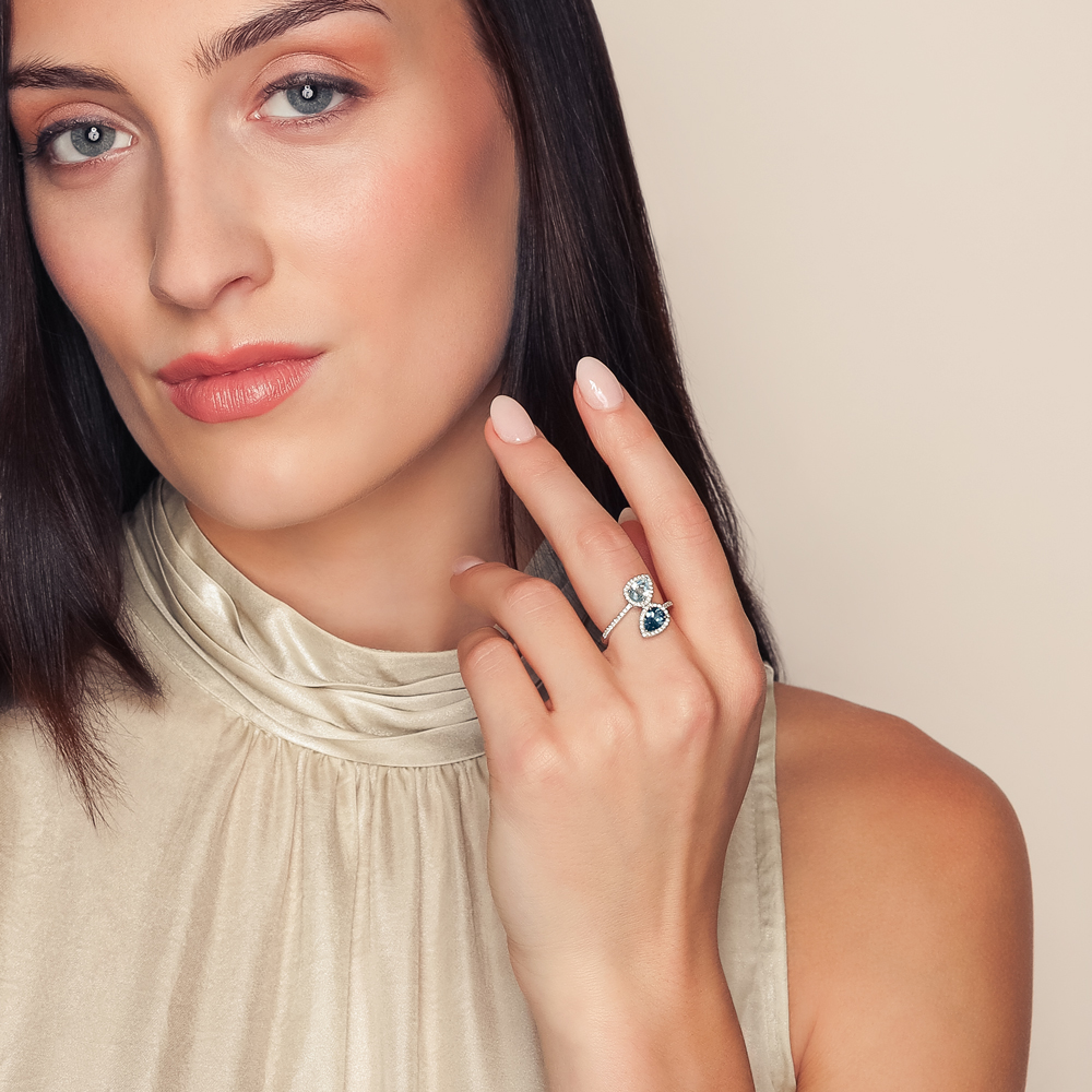 Doves Pear Shape Topaz & Diamond Halo Bypass Ring in White Gold