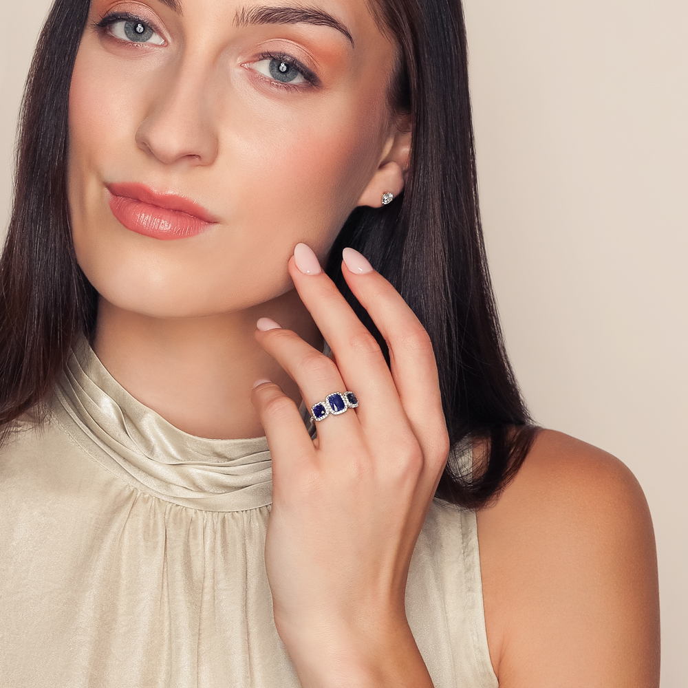 Cushion Cut Sapphire Trio & Diamond Halo Ring in White Gold