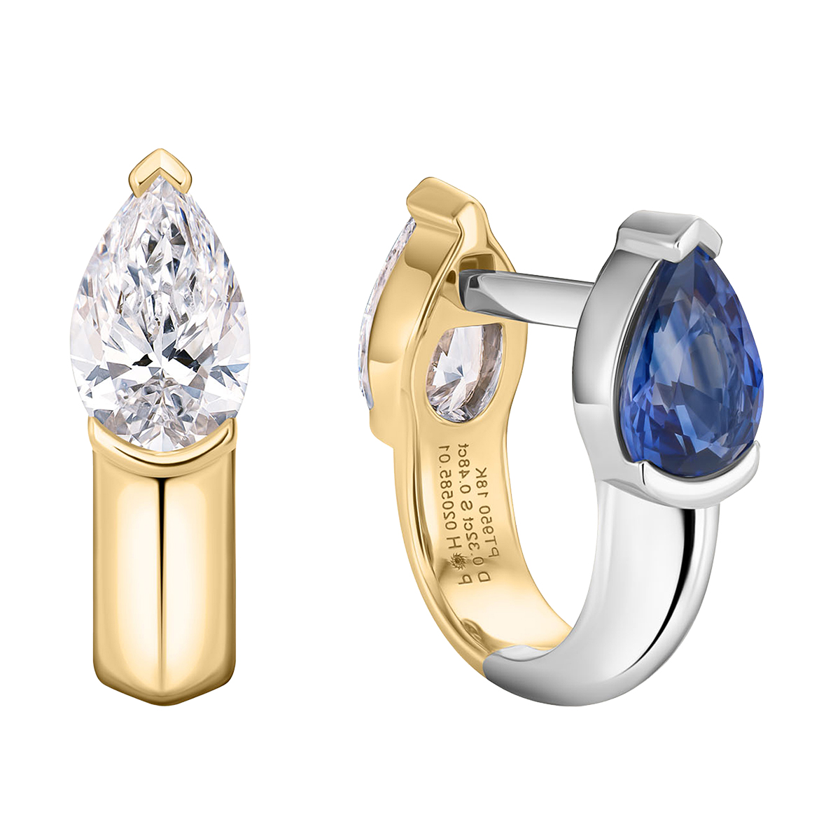 Phillips House Pear Shape Sapphire & Diamond Reversible Huggie Hoop Earrings in Yellow Gold & Platin
