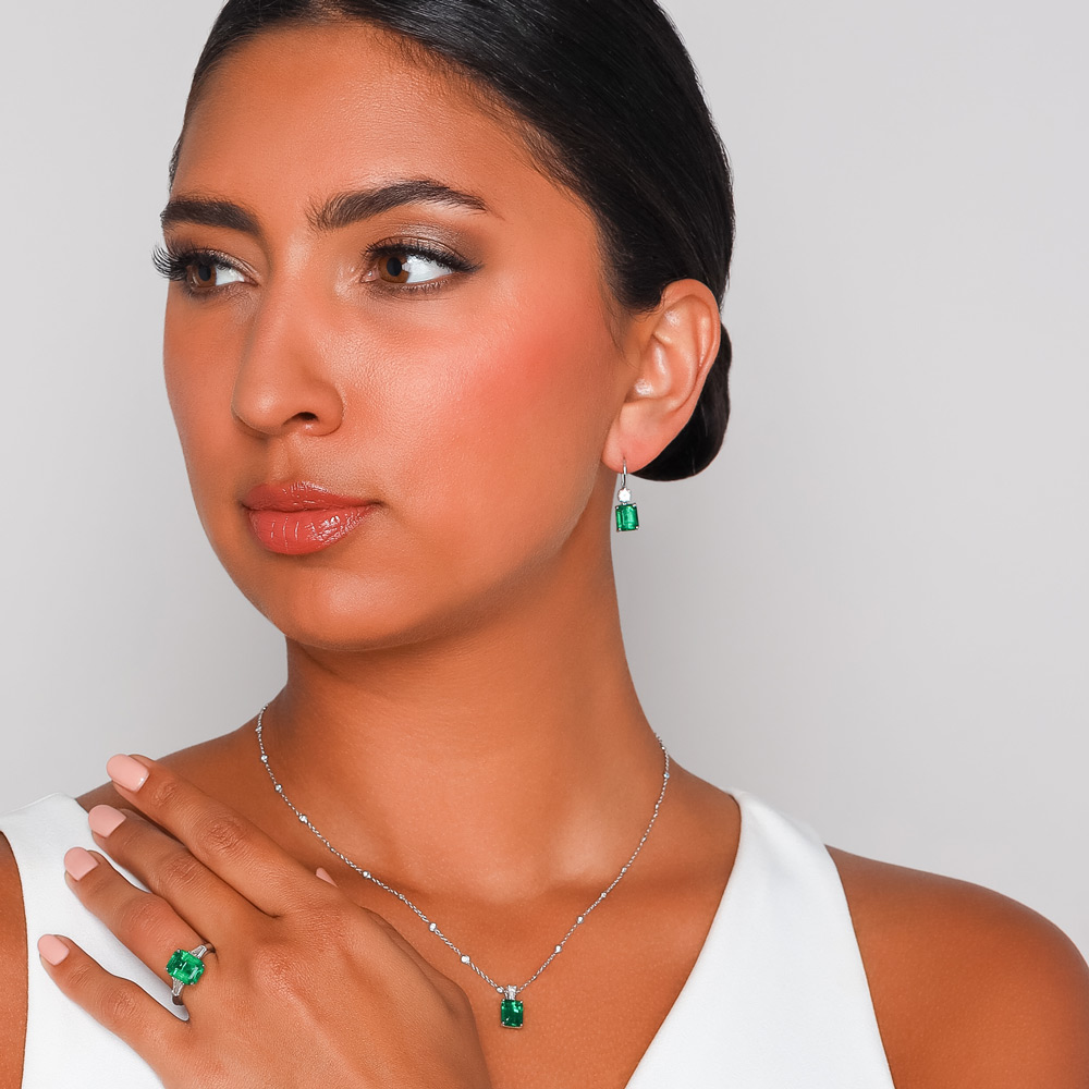 J.B. Star Emerald Cut Emerald & Cushion Cut Diamond Dangle Earrings in Platinum