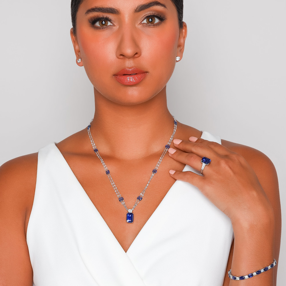 J.B. Star Emerald Cut Sapphire & Diamond Necklace in Platinum, 20