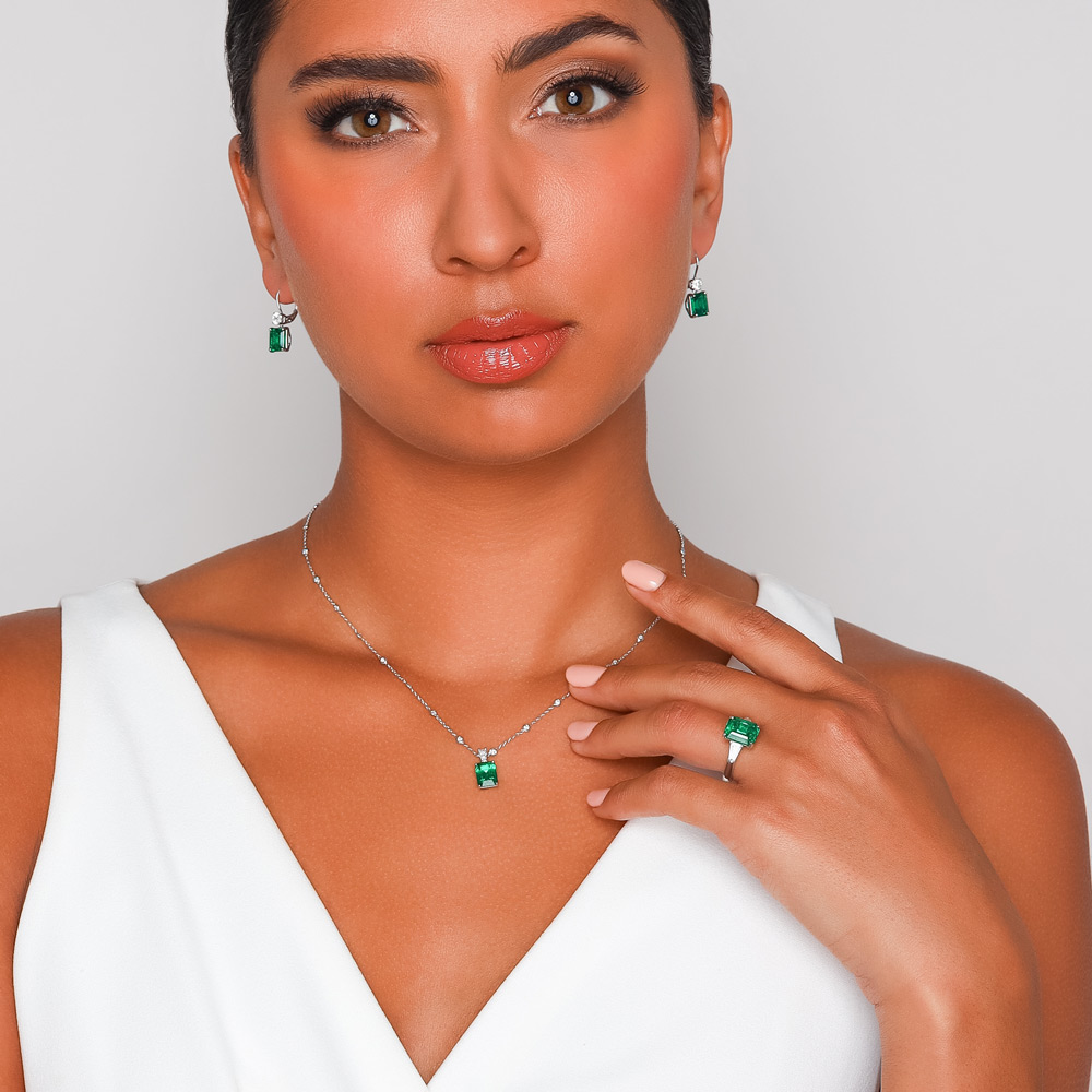 J.B. Star Emerald Cut Emerald & Diamond Necklace in Platinum, 18