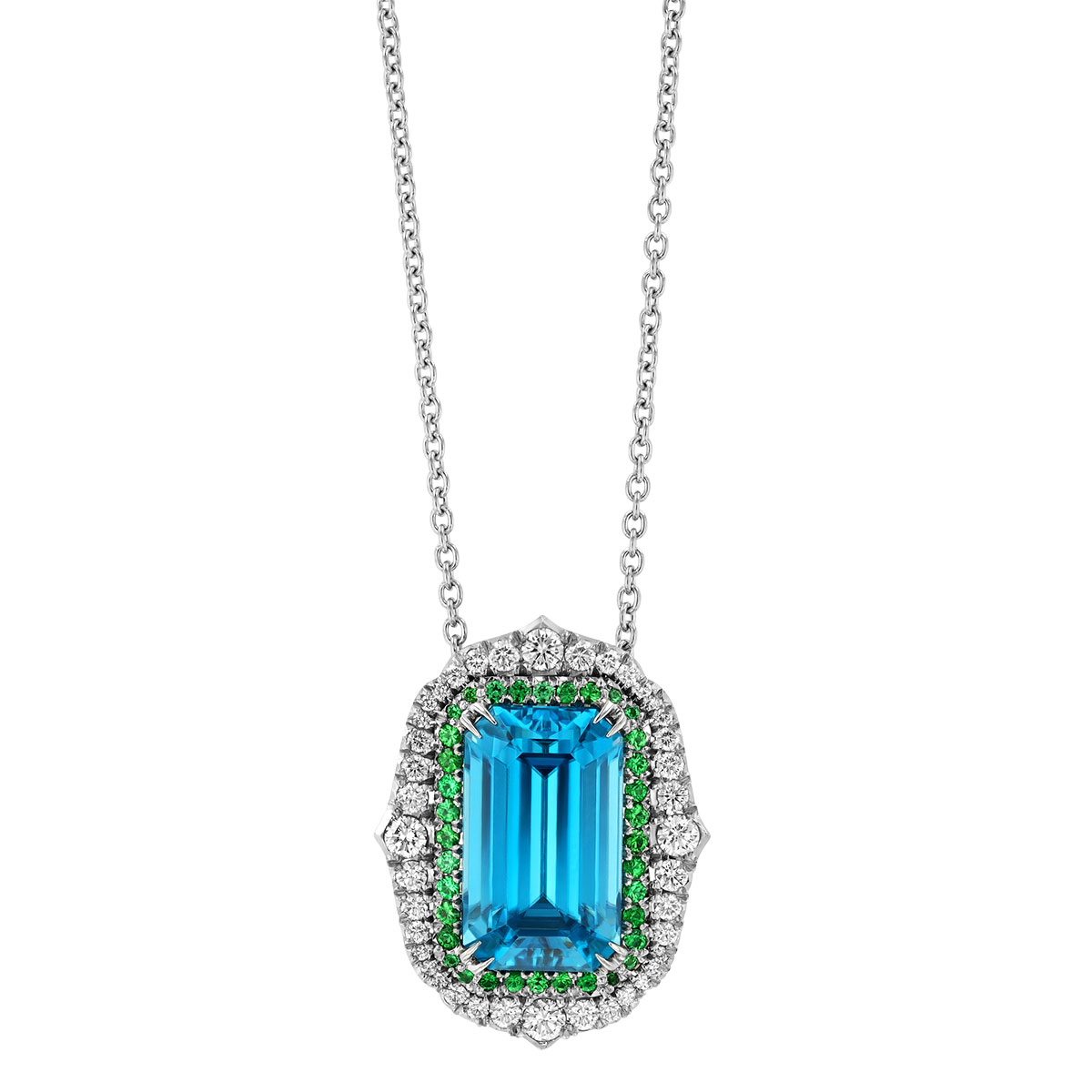 OMI Privé Oval Blue Zircon, Tsavorite and Diamond Halo Pendant in Platinum