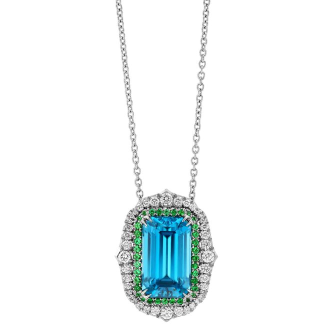 OMI Privé Oval Blue Zircon, Tsavorite and Diamond Halo Pendant in Platinum