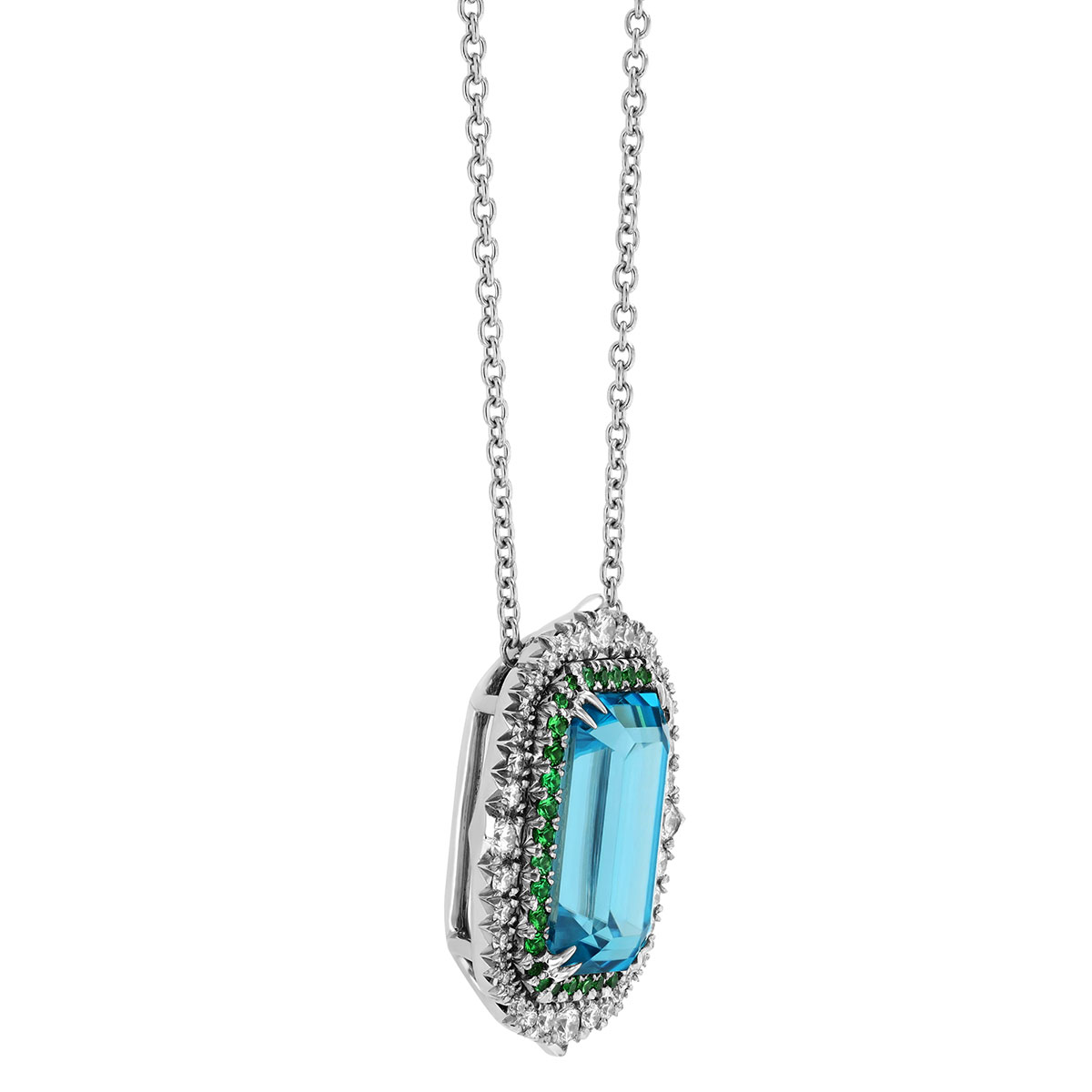 OMI Privé Oval Blue Zircon, Tsavorite and Diamond Halo Pendant in Platinum