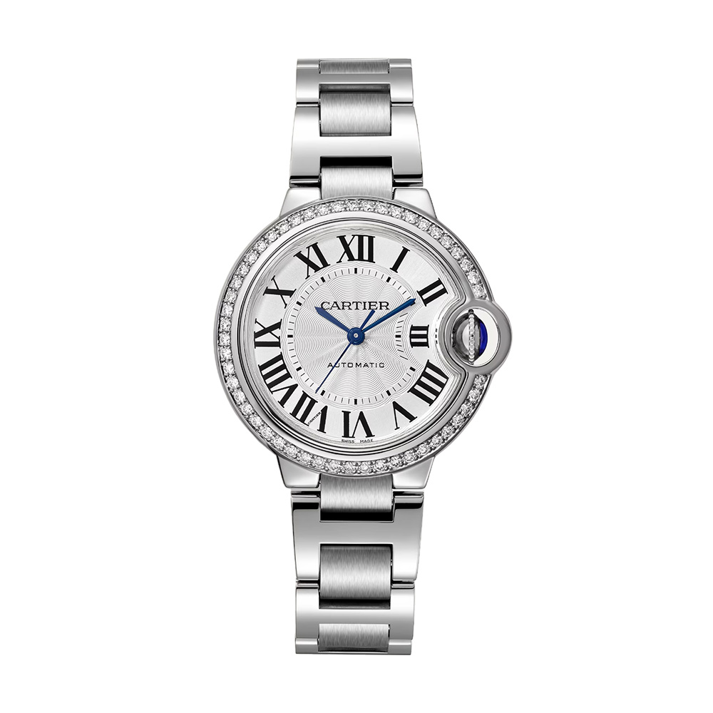Cartier Ballon Bleu de Cartier 33mm Watch, Diamond and Silver Guilloche Dial