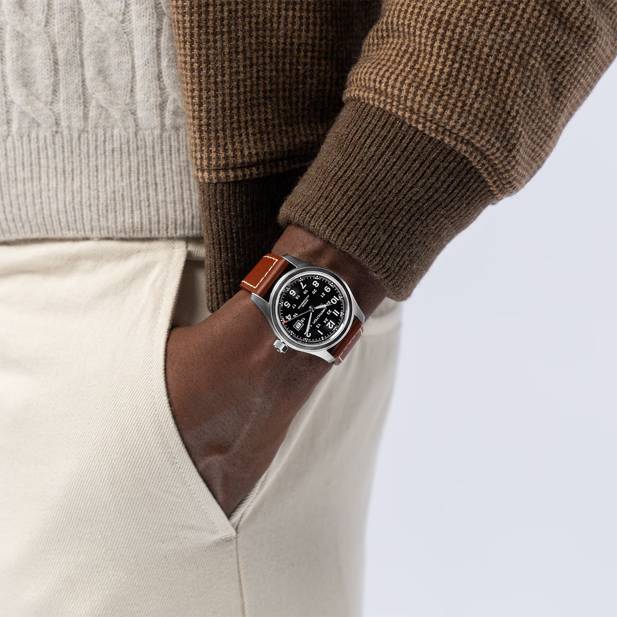 Hamilton Khaki Field Automatic 42mm Men's Watch, Black Dial and Classic Brown Strap