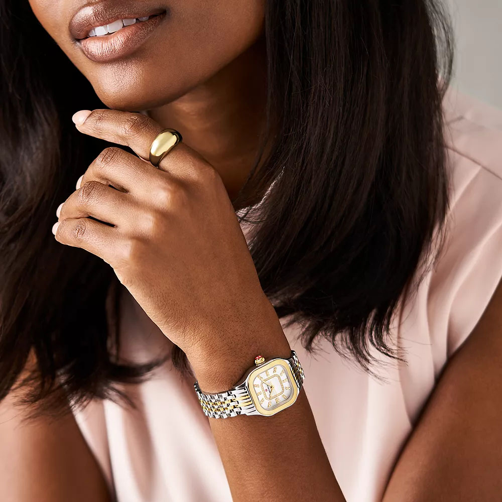 Michele Meggie Two-Tone 18k Gold-Plated Diamond 29mm Watch, White Dial