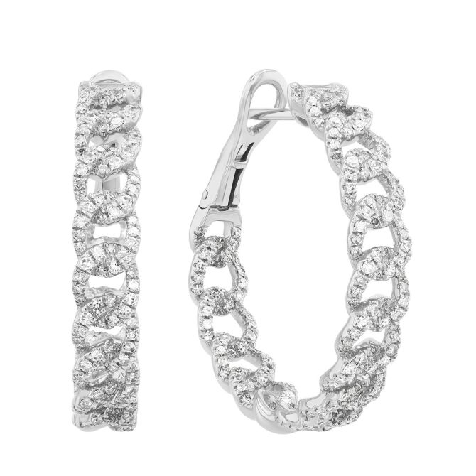 Diamond Pavé Curb Chain In & Out Hoop Earrings in White Gold