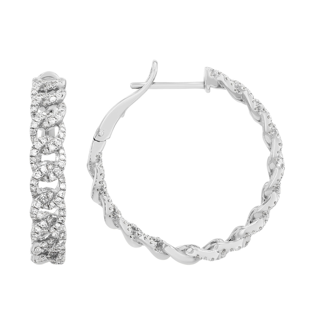 Diamond Pavé Curb Chain In & Out Hoop Earrings in White Gold