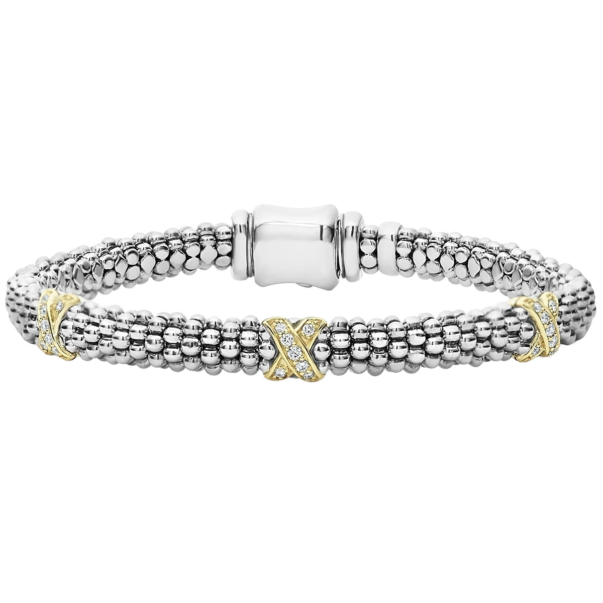 LAGOS Embrace Diamond & Yellow Gold X Station Caviar Bracelet in Sterling Silver, 7