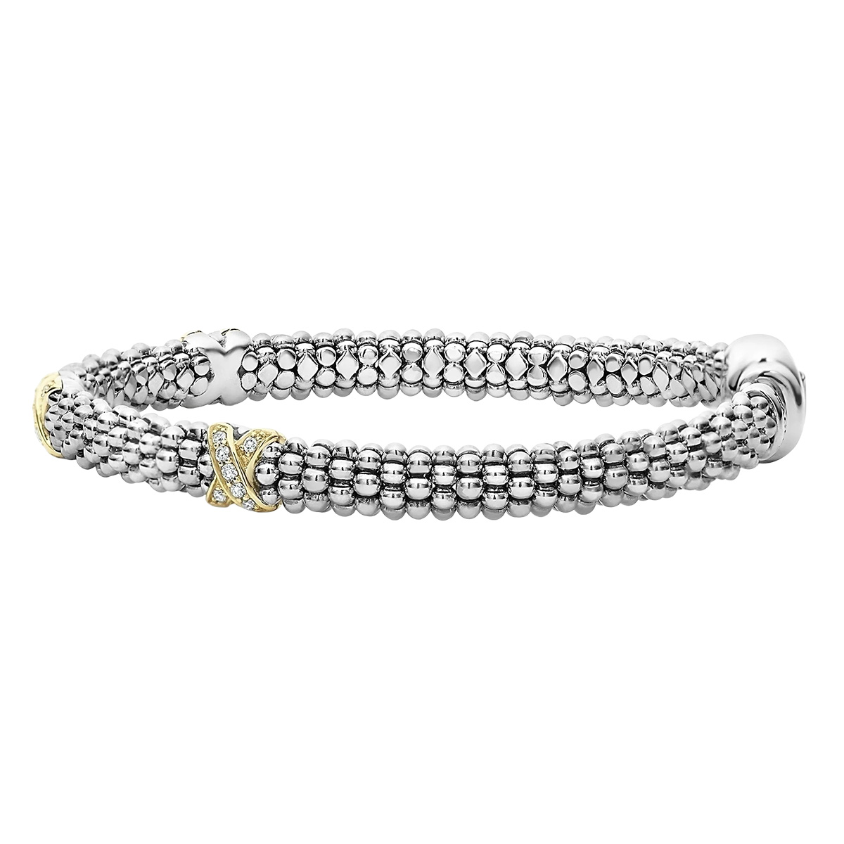 LAGOS Embrace Diamond & Yellow Gold X Station Caviar Bracelet in Sterling Silver, 7