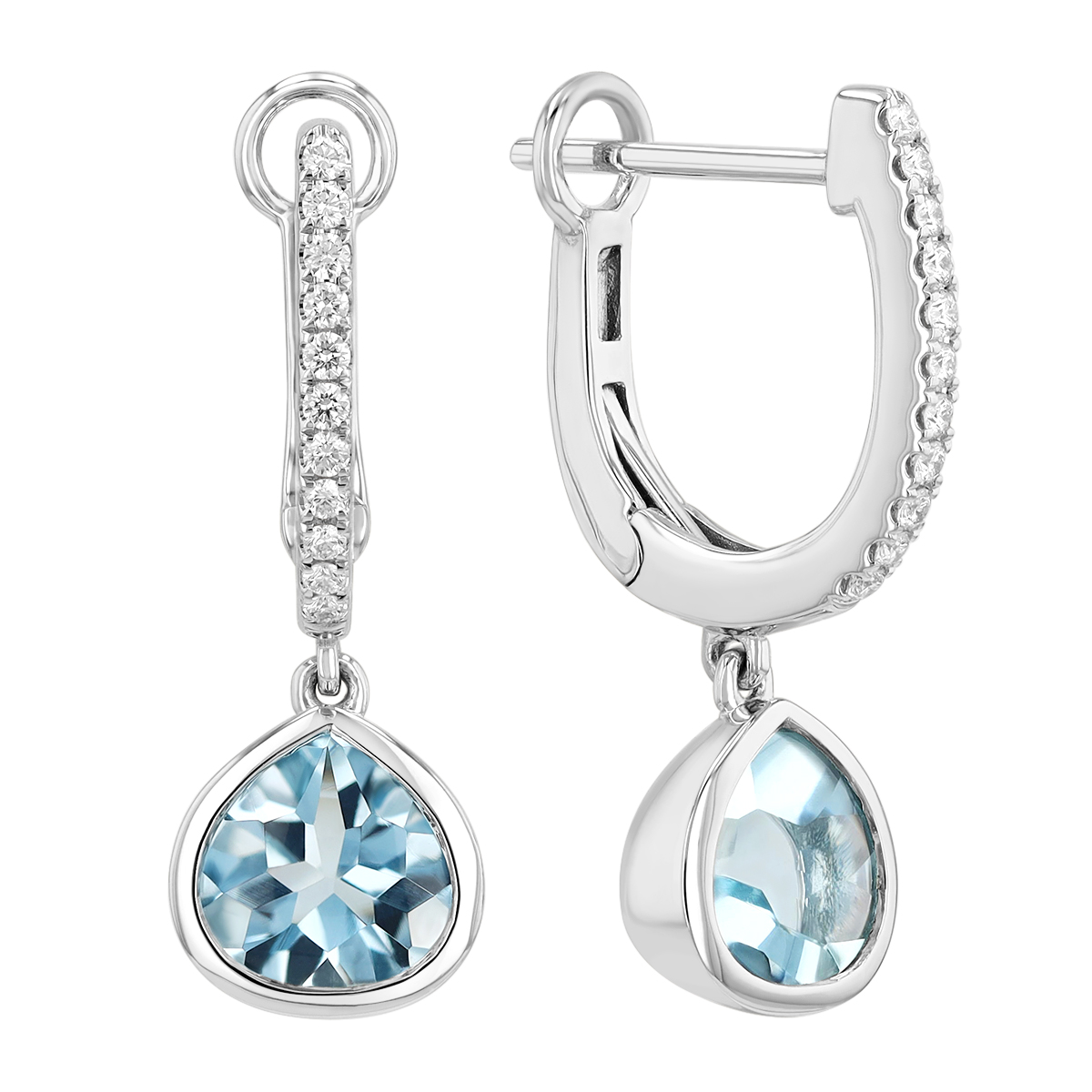 Bezel Set Pear Shape Aquamarine & Diamond Dangle Hoop Earrings in White Gold