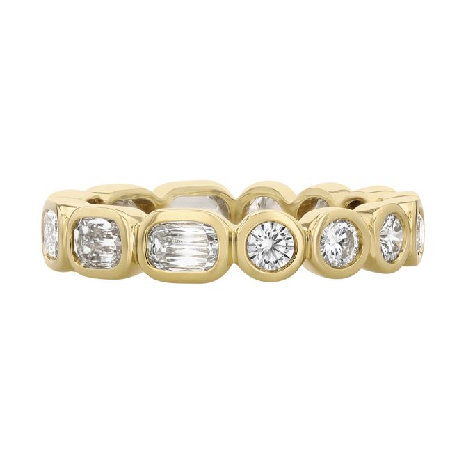Christopher Designs Bezel Set Crisscut Lamour Classic & Round Diamond Band Ring in Yellow Gold
