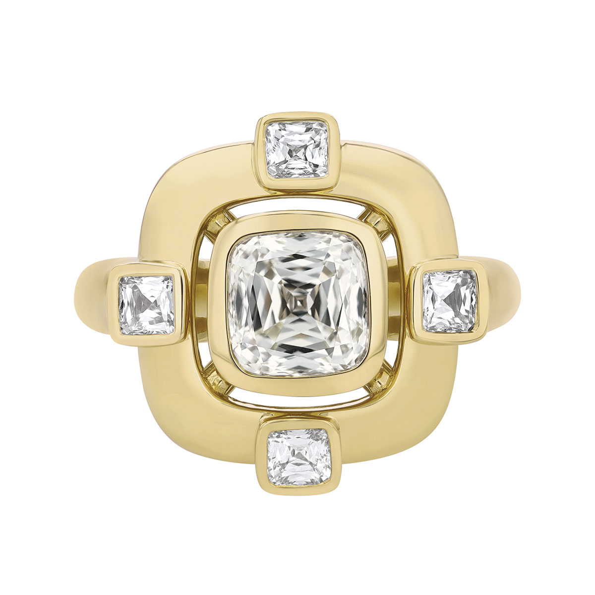 Christopher Designs Cushion & Asscher Cut Diamond Geometric Ring in Yellow Gold