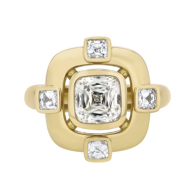 Christopher Designs Cushion & Asscher Cut Diamond Geometric Ring in Yellow Gold