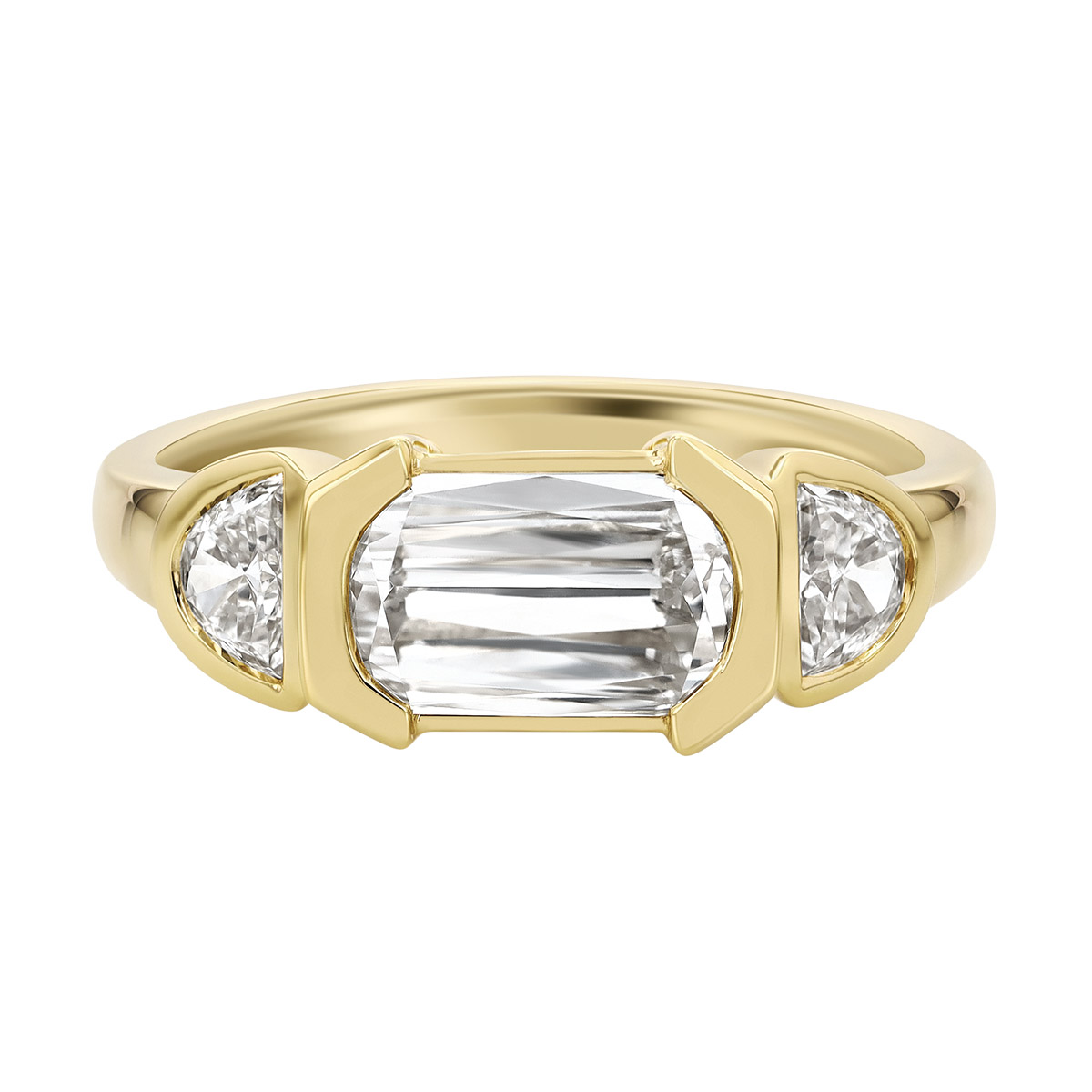 Christopher Designs Half Bezel Crisscut Lamour Classic & Half Moon Diamond 3 Stone Ring in Yellow Go