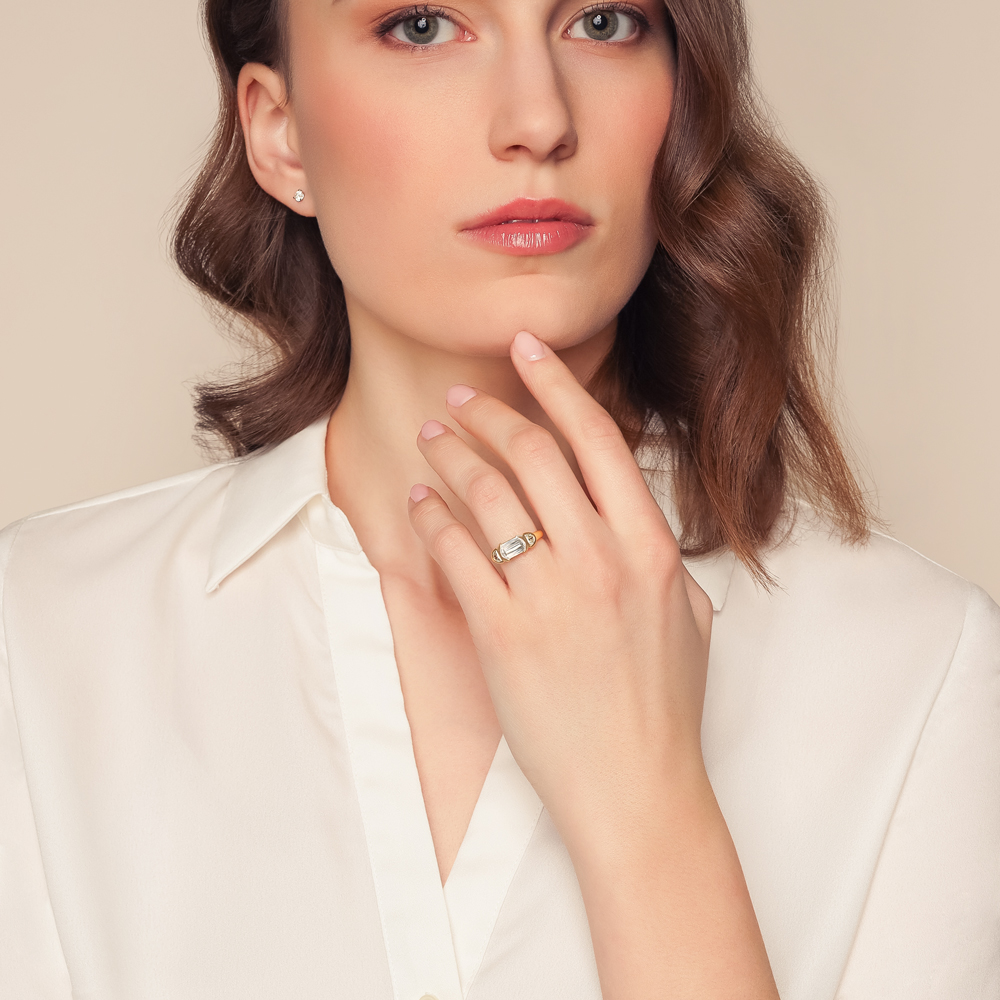 Christopher Designs Half Bezel Crisscut Lamour Classic & Half Moon Diamond 3 Stone Ring in Yellow Go