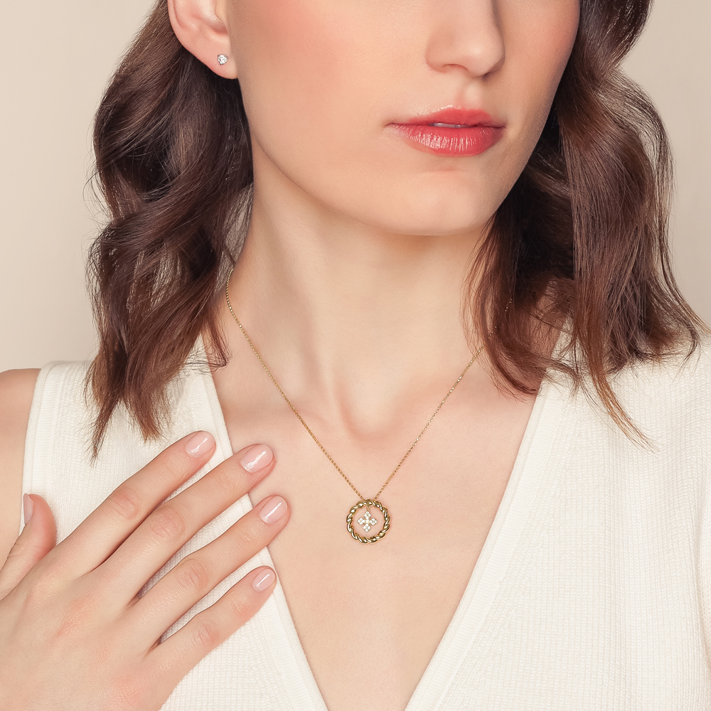 Roberto Coin Love in Verona Diamond Flower & Twisted Open Circle Pendant in Yellow Gold