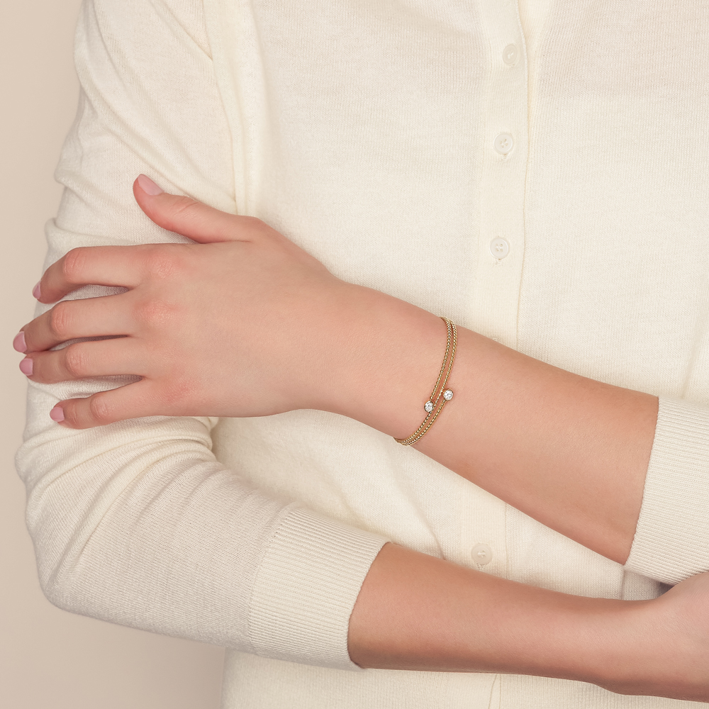 Bezel Set Oval Diamond Duo Beaded Wrap Flex Bracelet in Yellow Gold