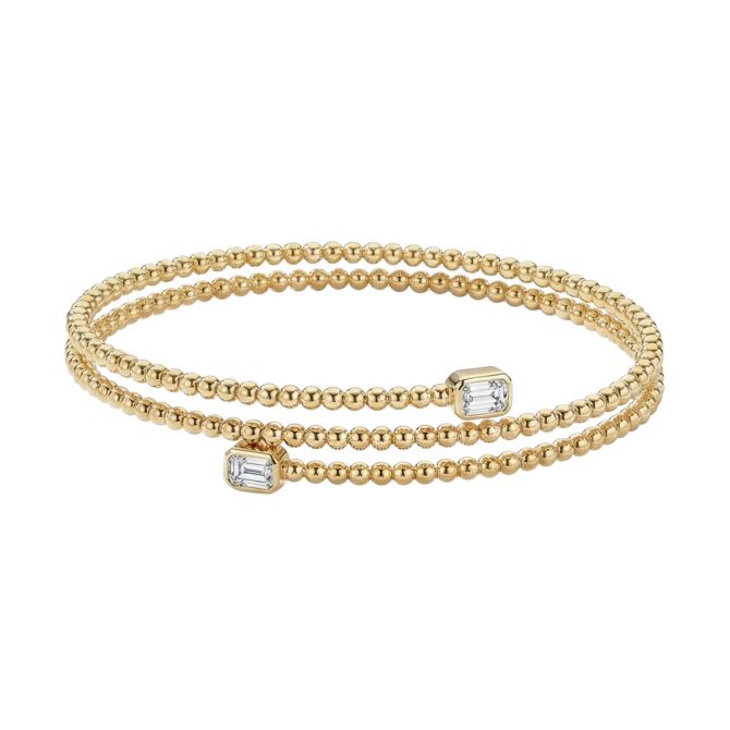 Bezel Set Emerald Cut Diamond Duo Beaded Wrap Flex Bracelet in Yellow Gold