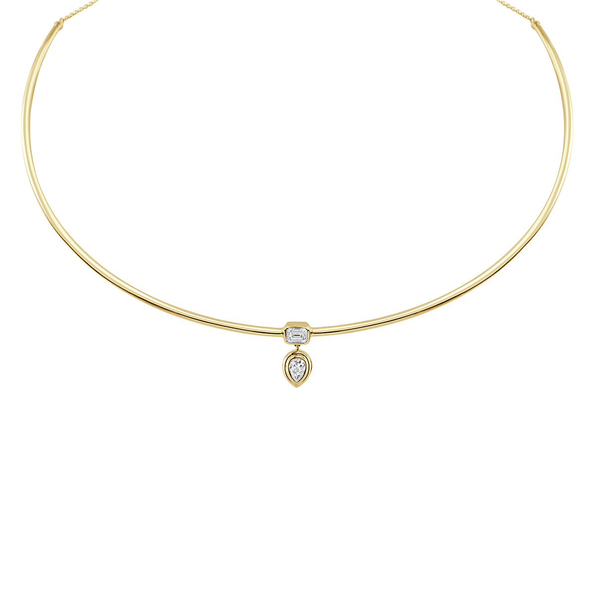 Emerald Cut & Pear Shape Diamond Duo Collar Necklace in Yellow Gold, 15.5