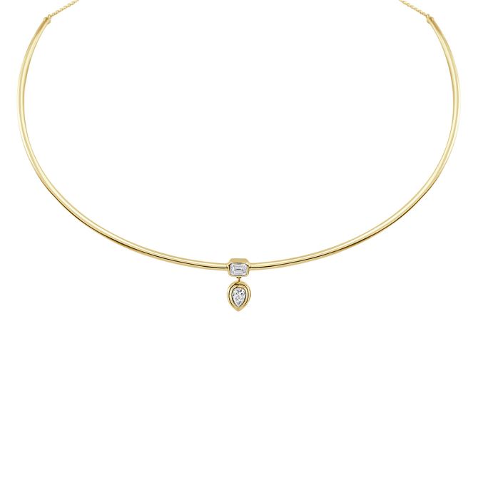 Emerald Cut & Pear Shape Diamond Duo Collar Necklace in Yellow Gold, 15.5"