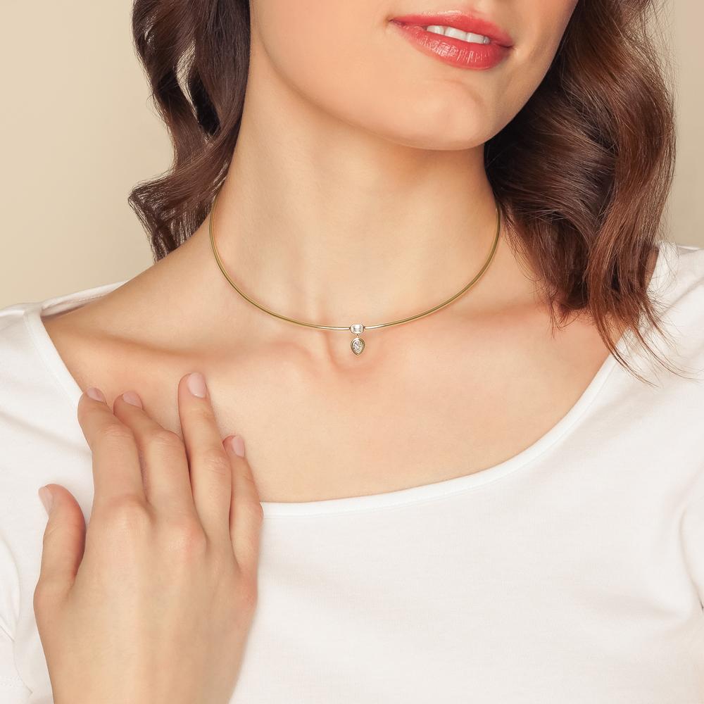 Emerald Cut & Pear Shape Diamond Duo Collar Necklace in Yellow Gold, 15.5