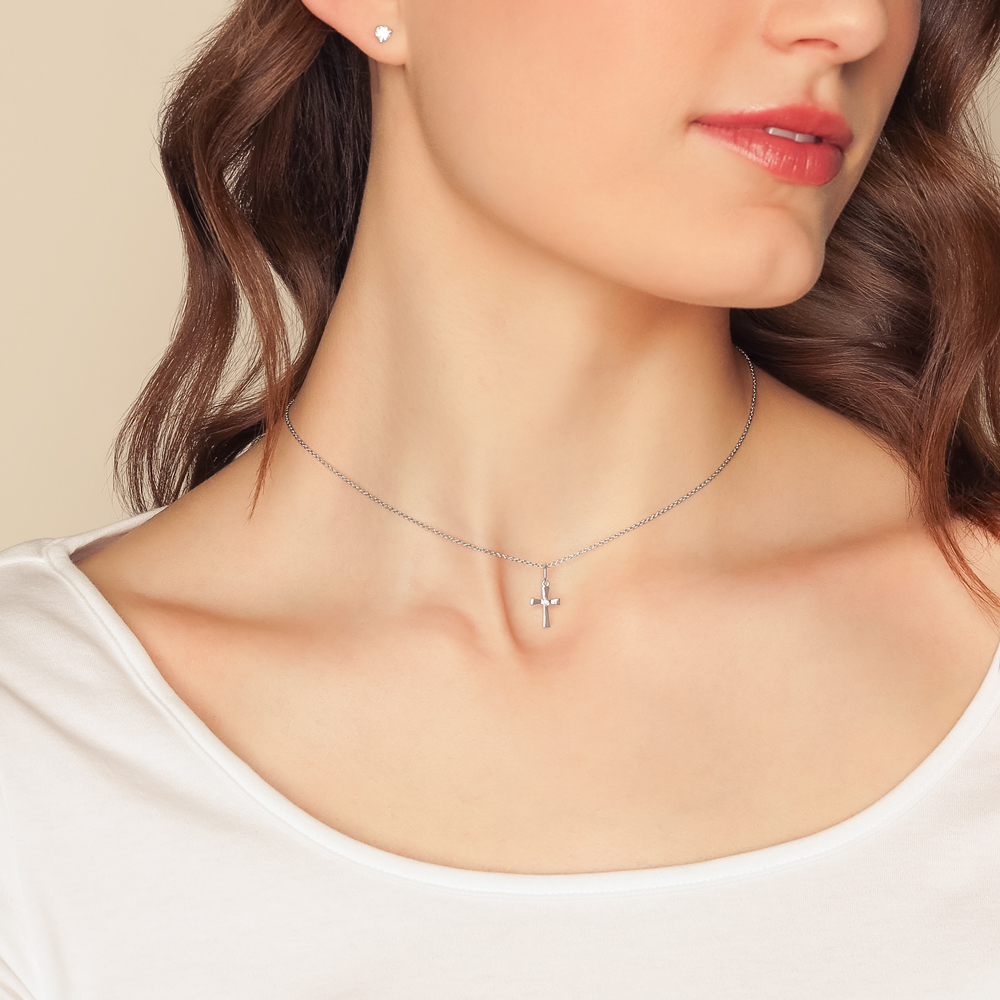 Sterling Silver Dainty Diamond Cross Pendant, 15