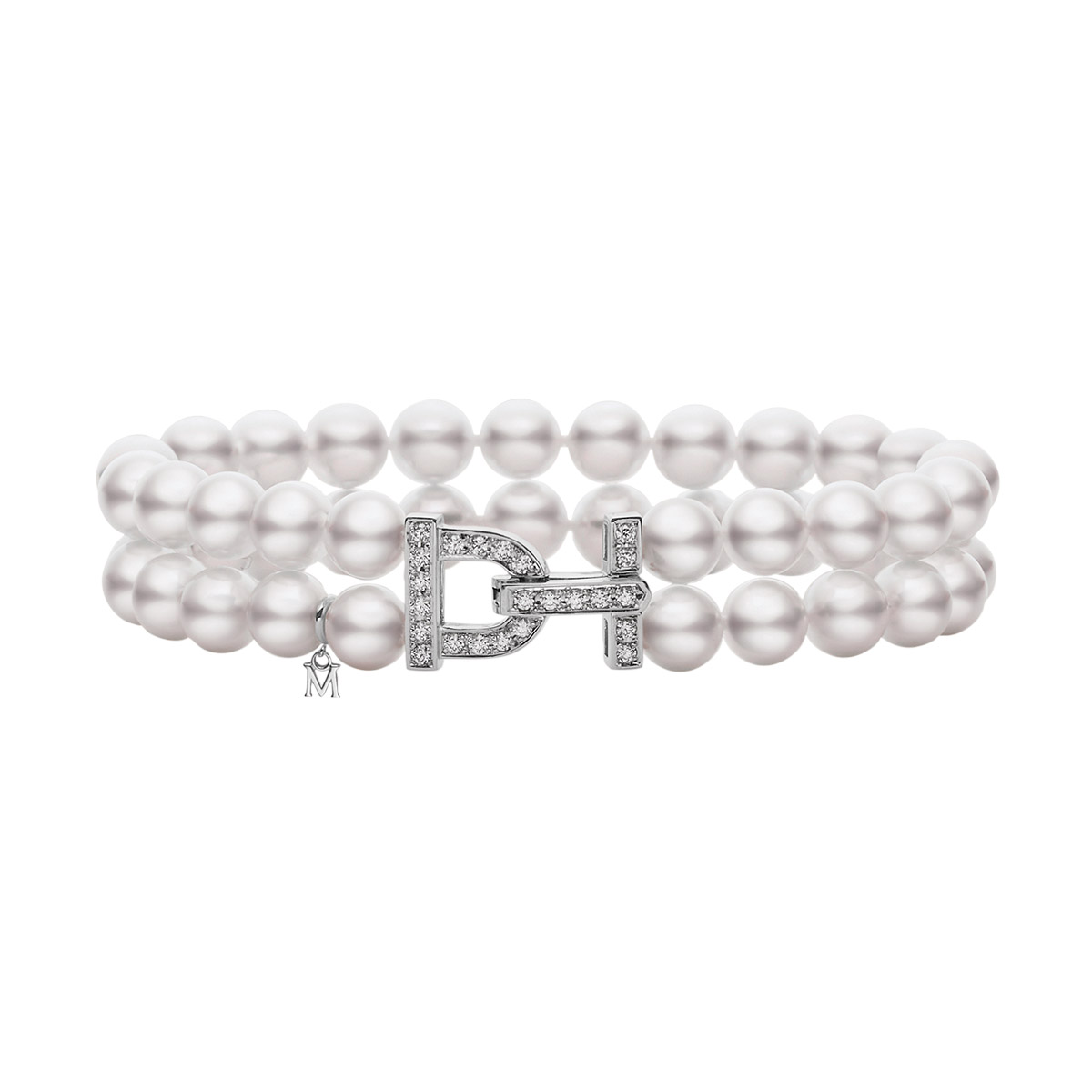Mikimoto Akoya Cultured Pearl Double Strand Bracelet with Diamond Clasp in White Gold, 16
