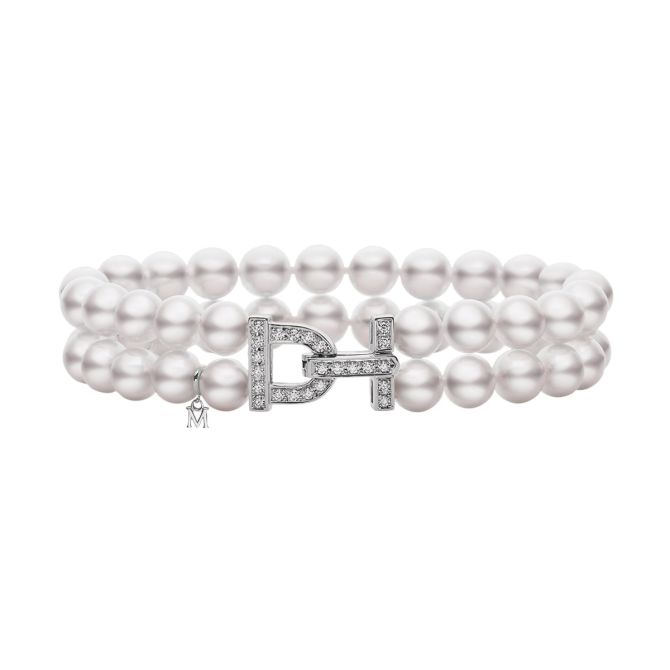 Mikimoto Akoya Cultured Pearl Double Strand Bracelet with Diamond Clasp in White Gold, 16", 6.5-7 mm