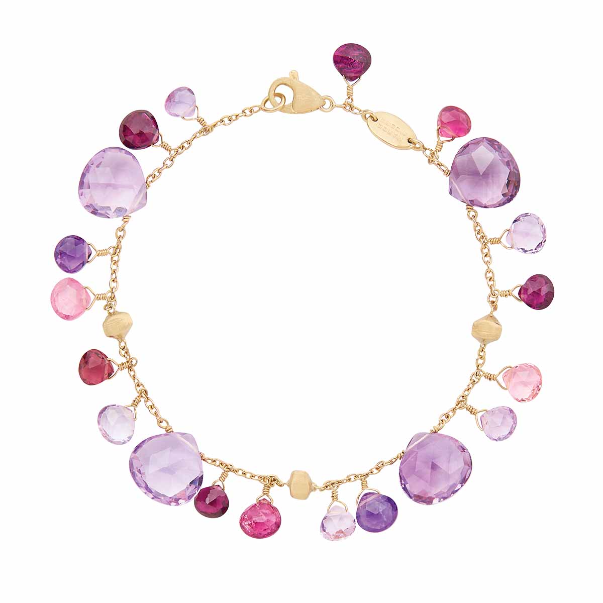 Marco Bicego Paradise Purple & Pink Mixed Gemstone Dangle Station Necklace in Yellow Gold, 16.5
