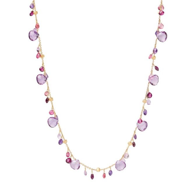 Marco Bicego Paradise Purple & Pink Mixed Gemstone Dangle Station Necklace in Yellow Gold, 36"