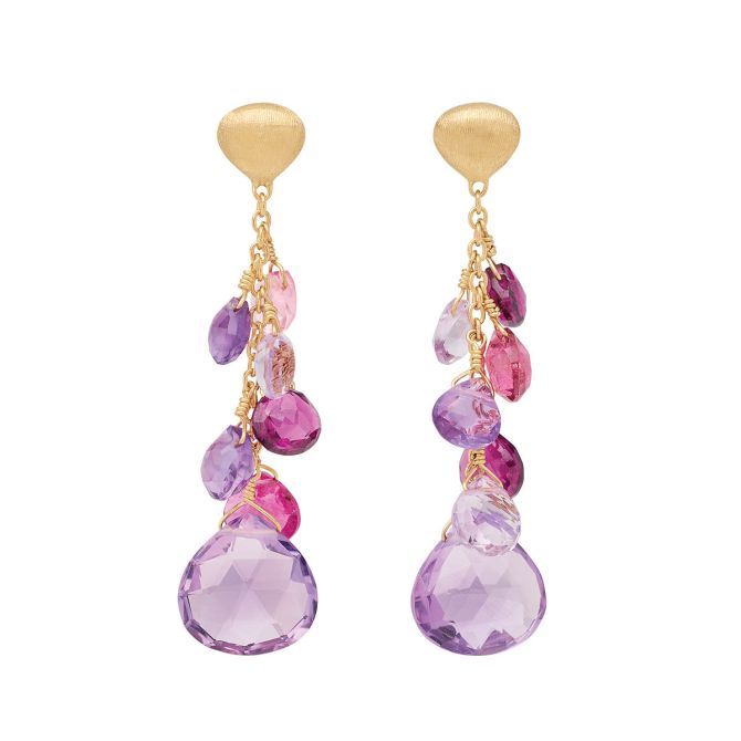 Marco Bicego Paradise Purple & Pink Mixed Gemstone Dangle Earrings in Yellow Gold