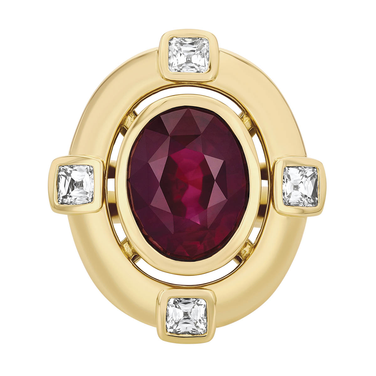 Christopher Designs Oval Ruby & Asscher Cut Diamond Signet Ring in Yellow Gold