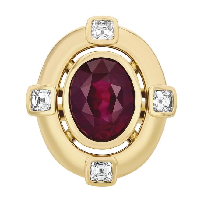 Christopher Designs Oval Ruby & Asscher Cut Diamond Signet Ring in Yellow Gold
