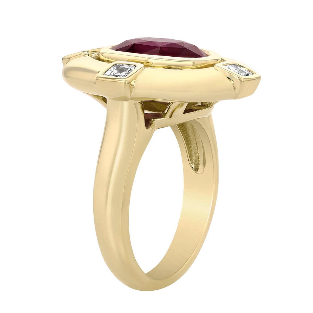 Christopher Designs Oval Ruby & Asscher Cut Diamond Signet Ring in Yellow Gold