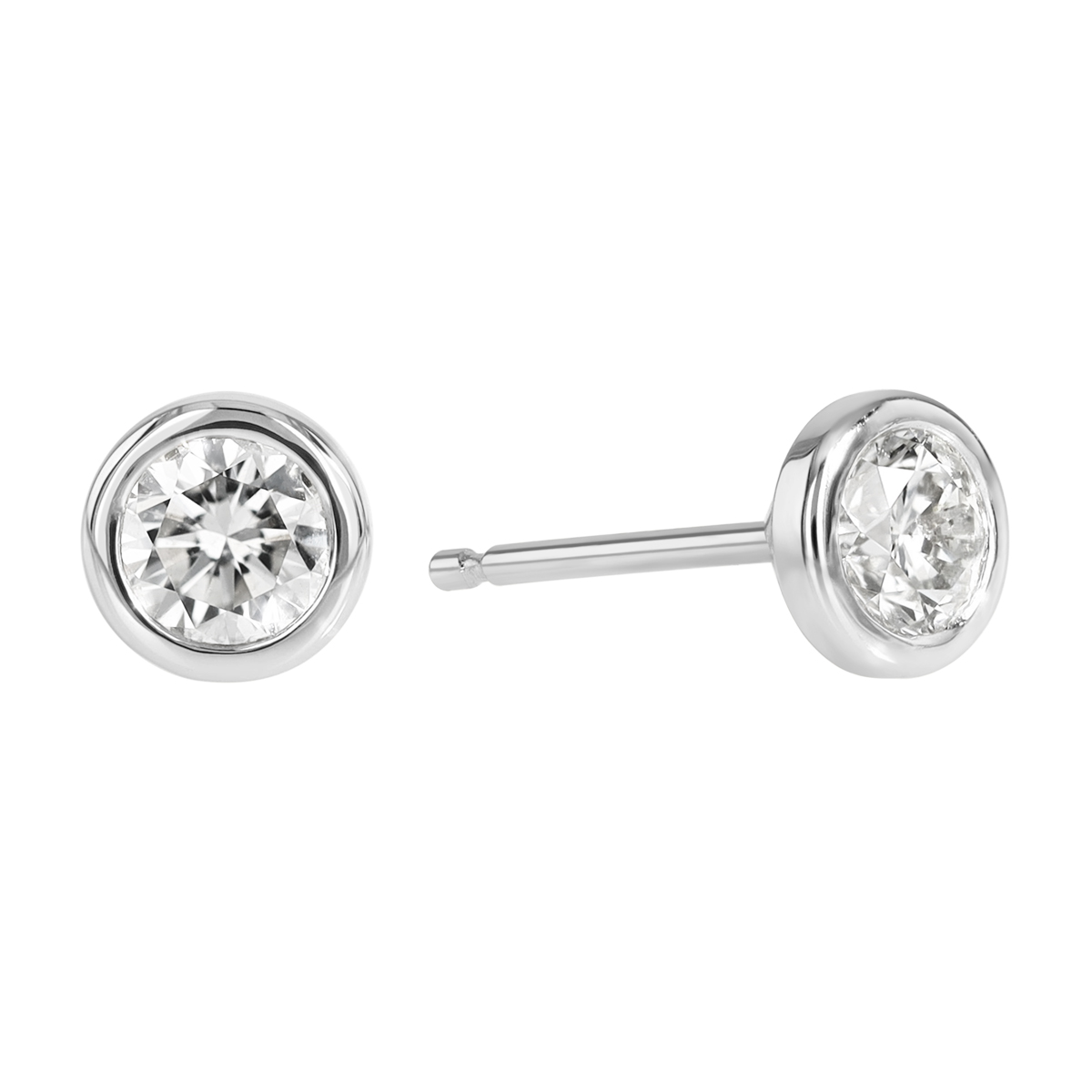 Bezel Set Round Diamond Stud Earrings in 14K White Gold, GH/SI1, .50 cttw