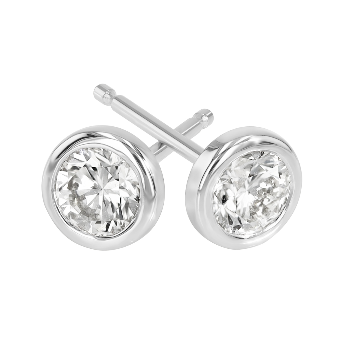 Bezel Set Round Diamond Stud Earrings in 14K White Gold, GH/SI1, .50 cttw