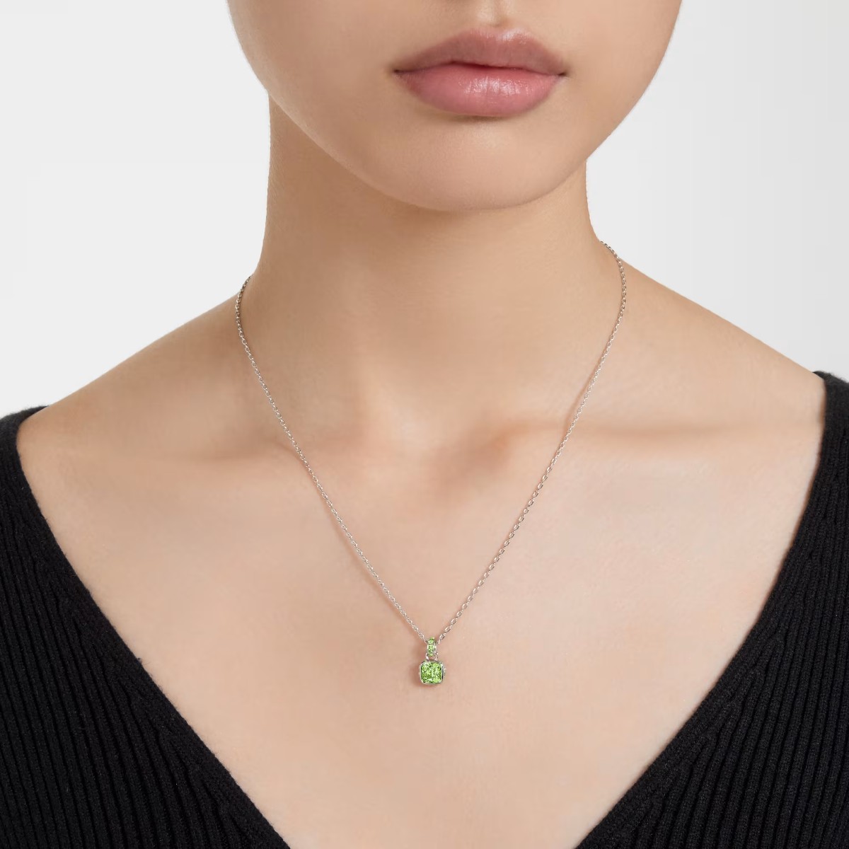 Swarovski August Birthstone Square Cut Pendant Necklace, Green and Rhodium Plated