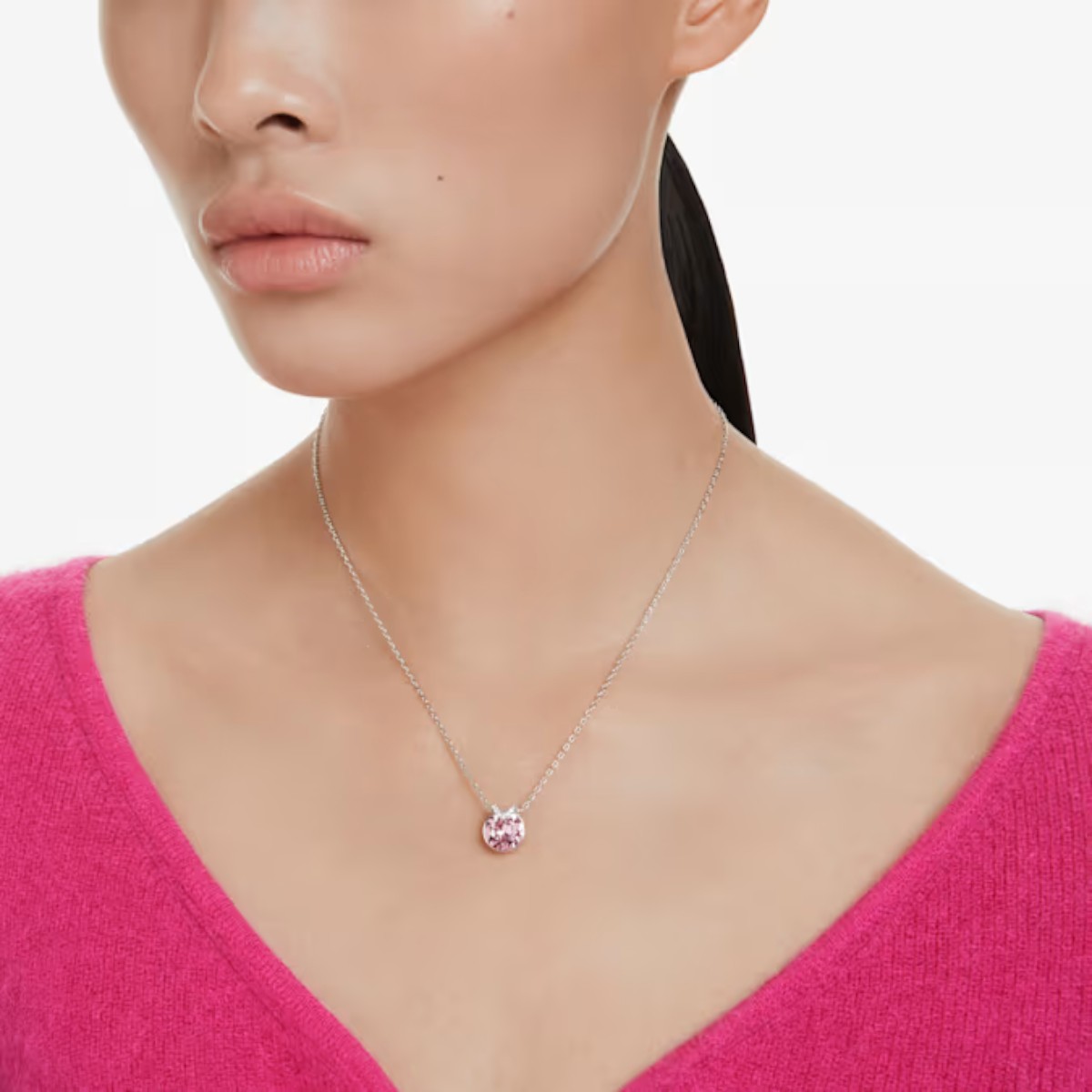 Swarovski Round Cut Bella V Pendant Necklace, Pink and Rhodium Plated