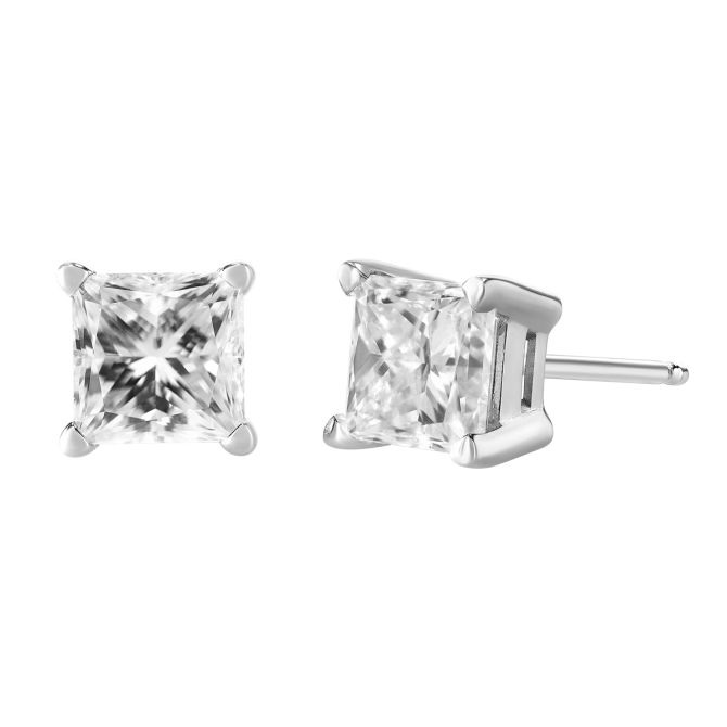 18K White Gold Princess Diamond Stud Earrings, 1.50cttw